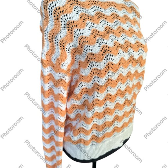Loft Small Orange & White Loose Weave Wavy Stripe Long Sleeve Sweater - Picture 2 of 5